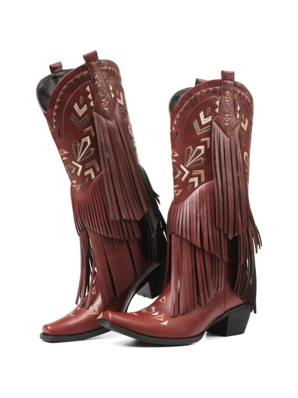 Women's Red Cowgirl Boots Knee High Fringe Pull On Comfortable Chunky Heel